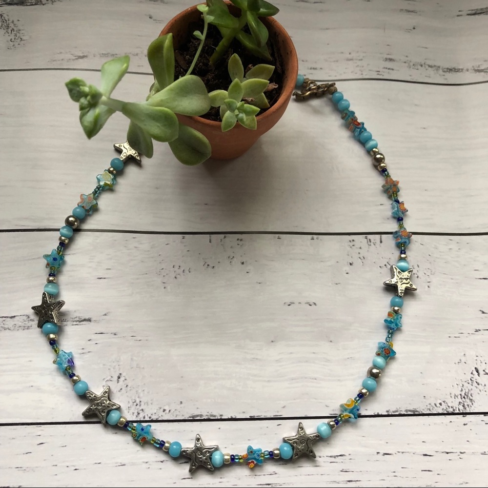 Adorable Handmade Beaded Necklace w Silver Stars
